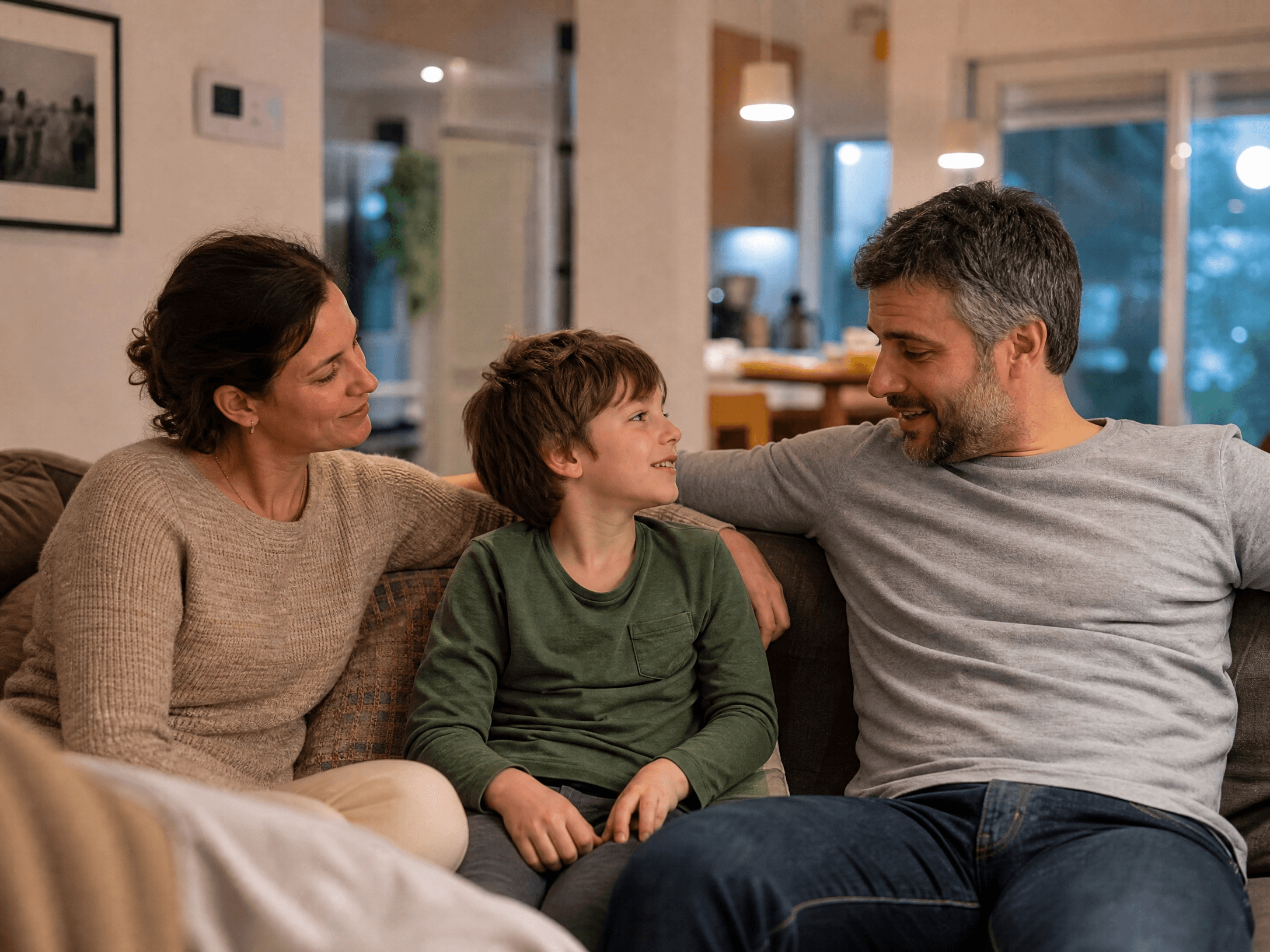 Deux parents et leur jeune garçon, assis ensemble dans le salon en soirée.