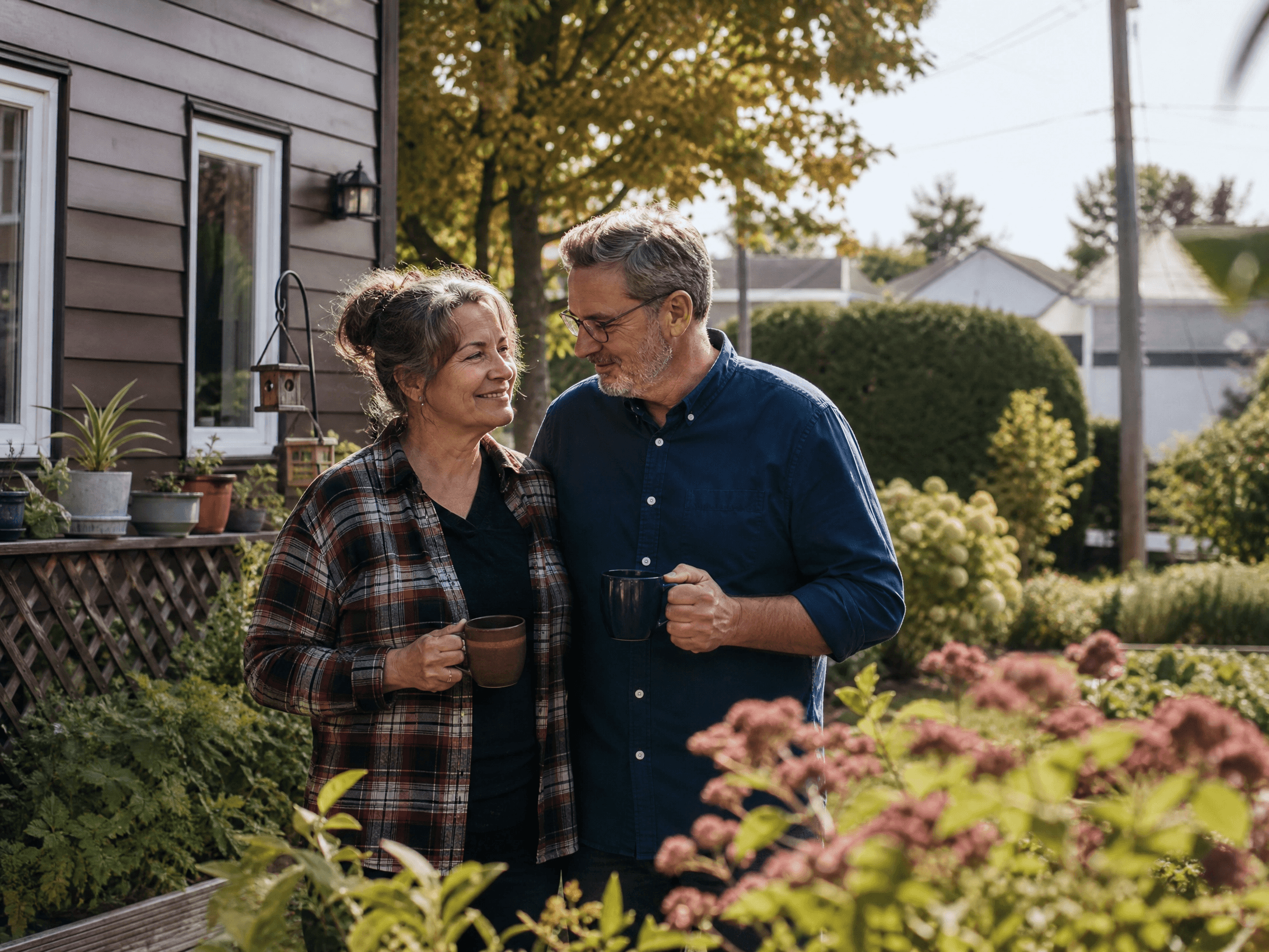 Un couple d’âge mûr, une tasse à la main, dans le jardin devant sa maison à l’automne.